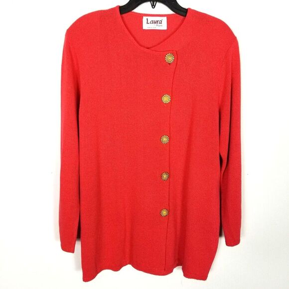 Alyzia Sweaters - VTG Laura by Alyzia Women Cardigan Sweater Sz 14 Coral Gold Buttons Retro